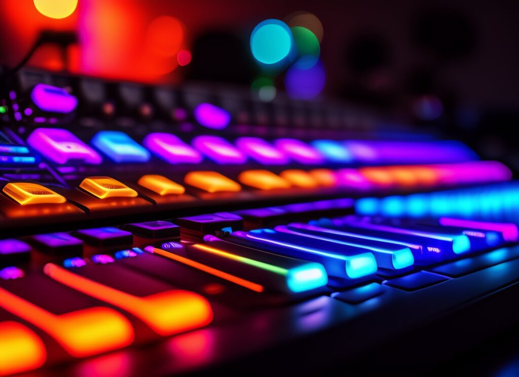 Real Hd shot of a modern musical studio colorful lights keyboard mixer board computer vsts - The Pixel Paradox