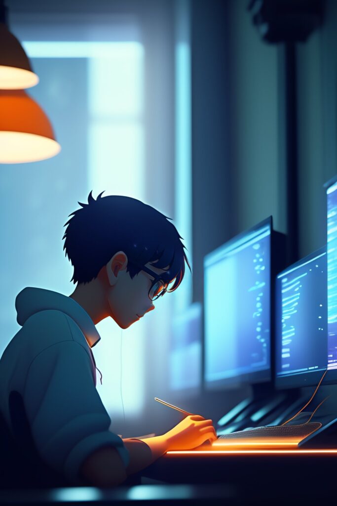 a nerdy boy is programming at a computer in a room full of gadgets