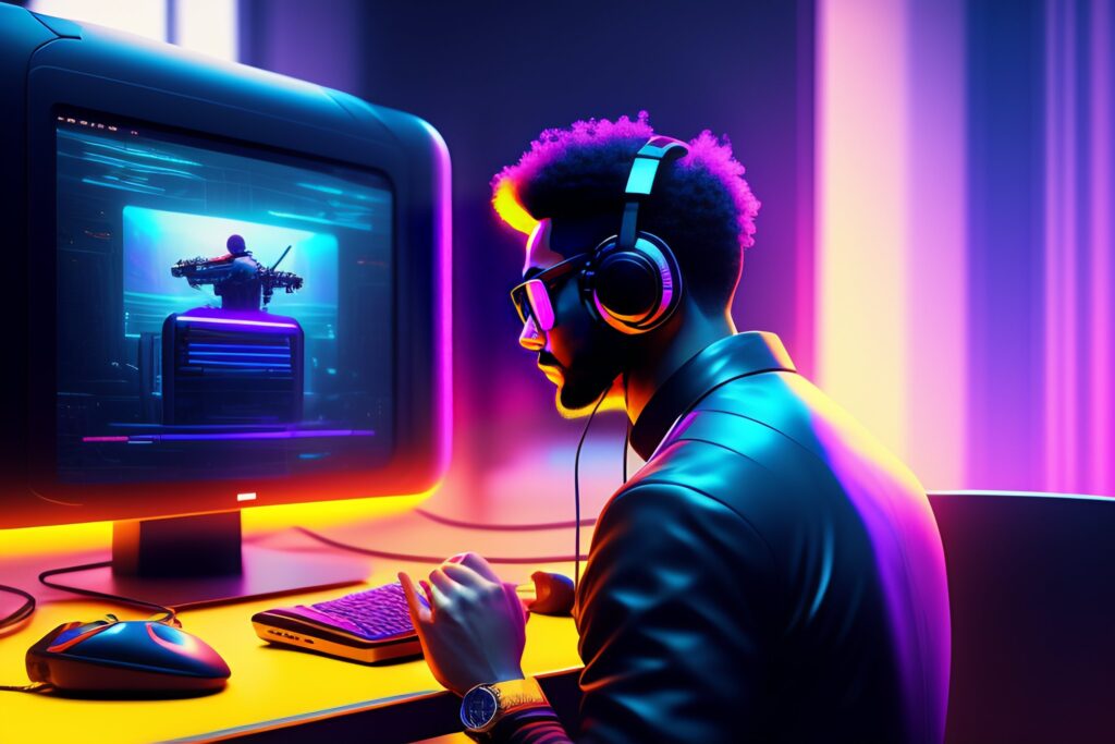 a vibrant artstation illustration of a tech savy man typing away at a computer workstation room illuminated by workstation monitor headphones cyberpunk by greg rutkowski - The Pixel Paradox